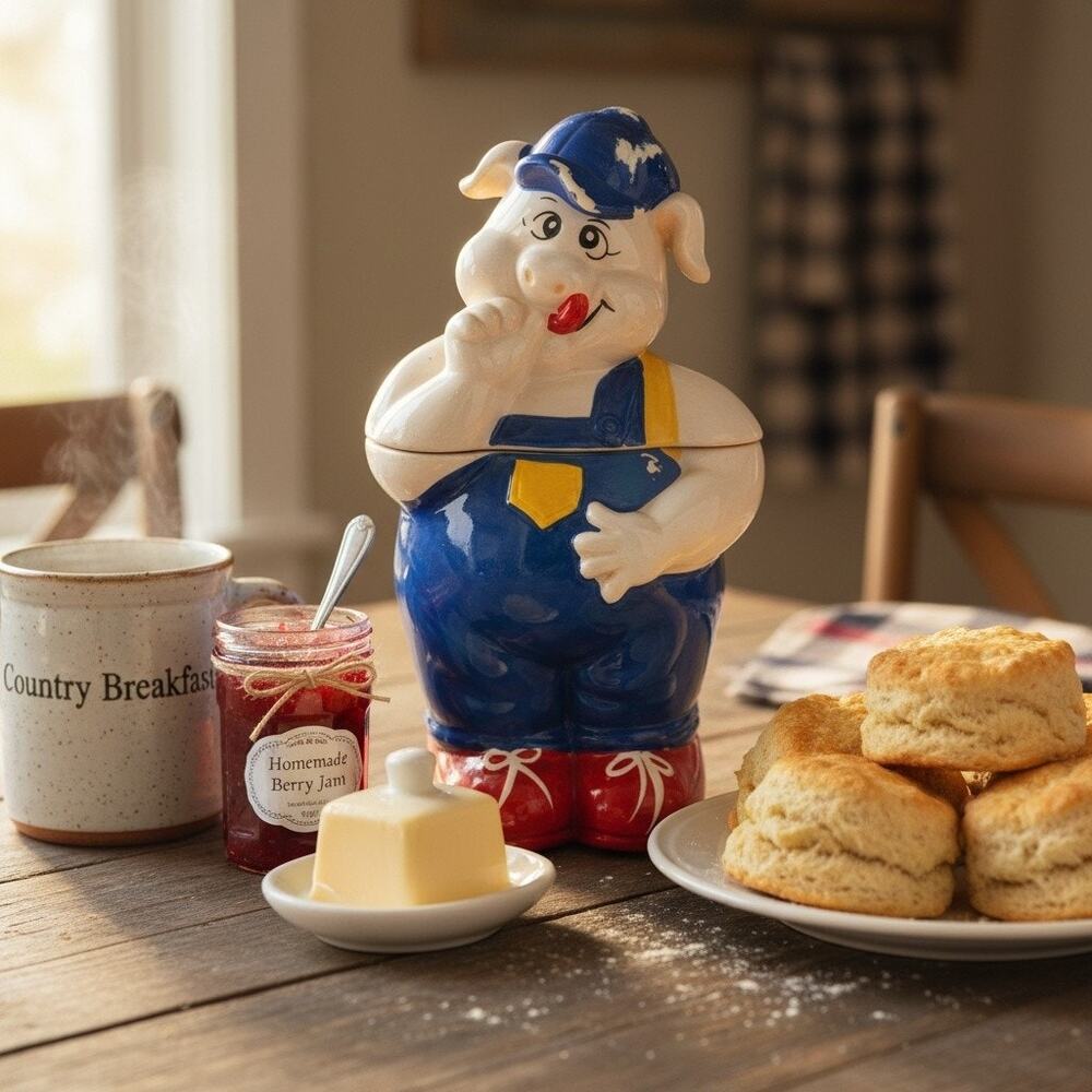 Vintage Pig Cookie Jar-Ceramic-Kitchen-Canister-Farmhouse-Country-Rustic-Cottage